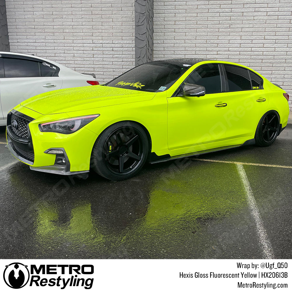 Neon yellow car wrap, large vinyl graphic or decal, used by a