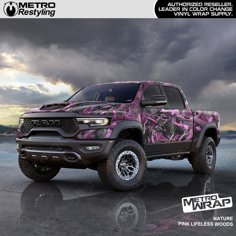 Pink Lifeless Woods truck wrap camo