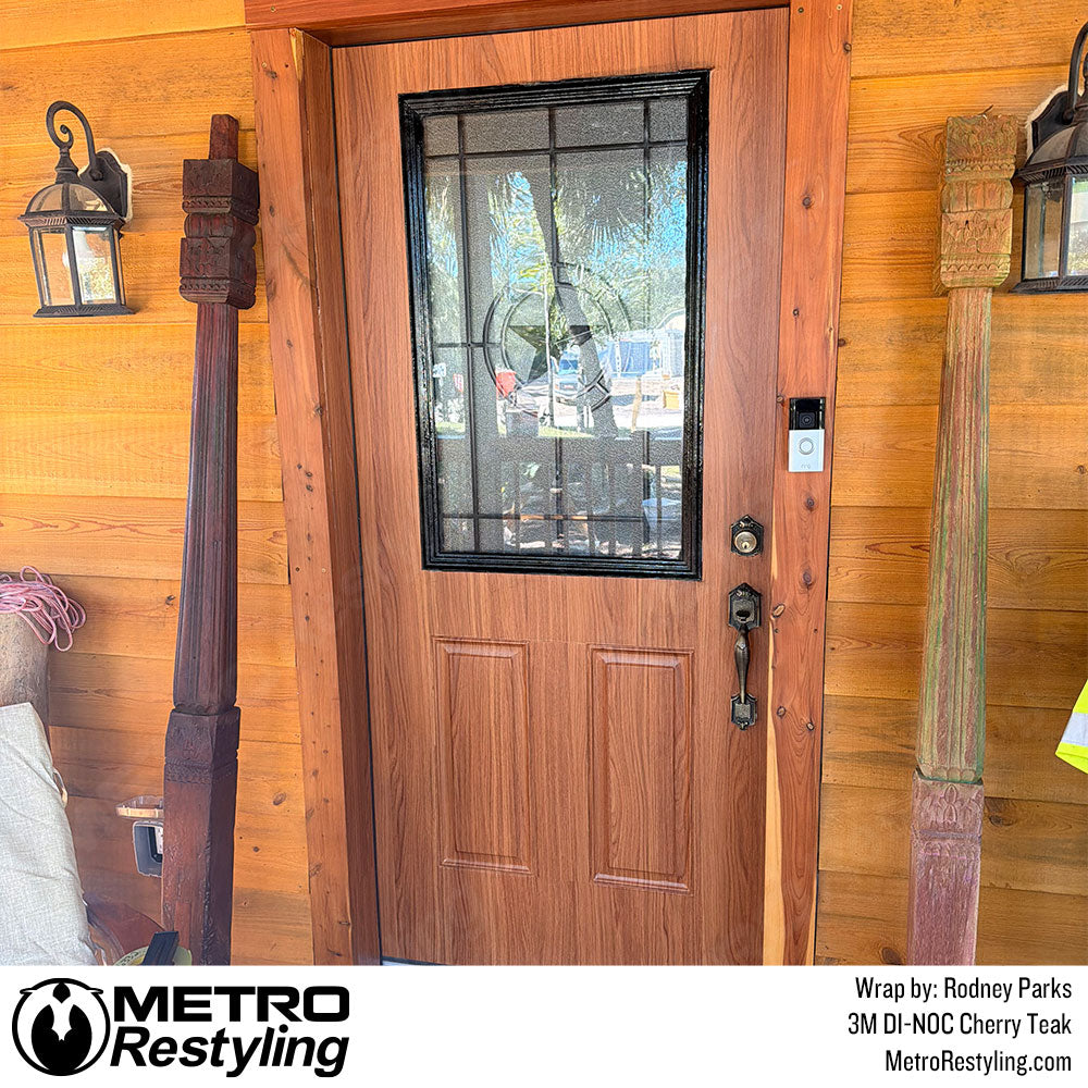 door with woodgrain wrap