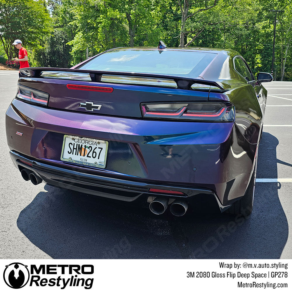 camaro with purple colorful vinyl wrap