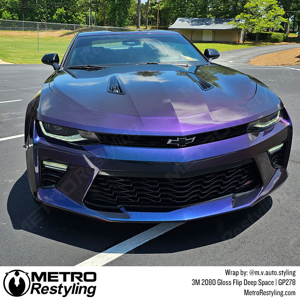camaro with purple colorful vinyl wrap