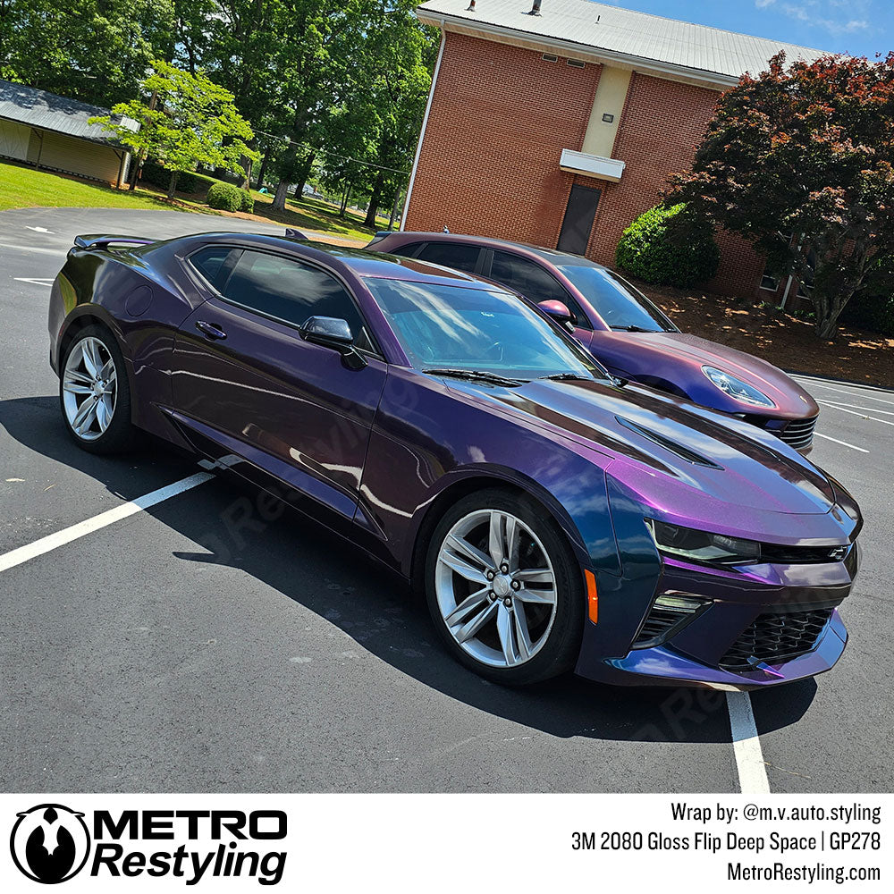 camaro with purple colorful vinyl wrap