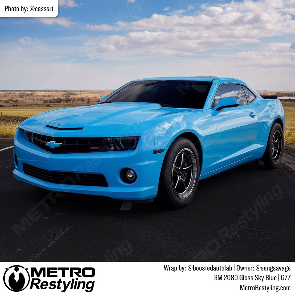 Sky blue chevy camaro wrap