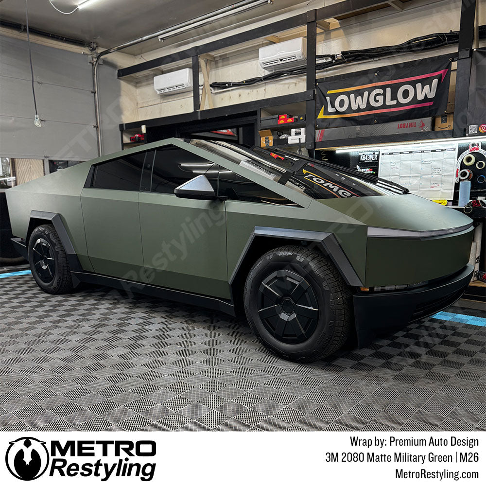 matte army green cybertruck wrap