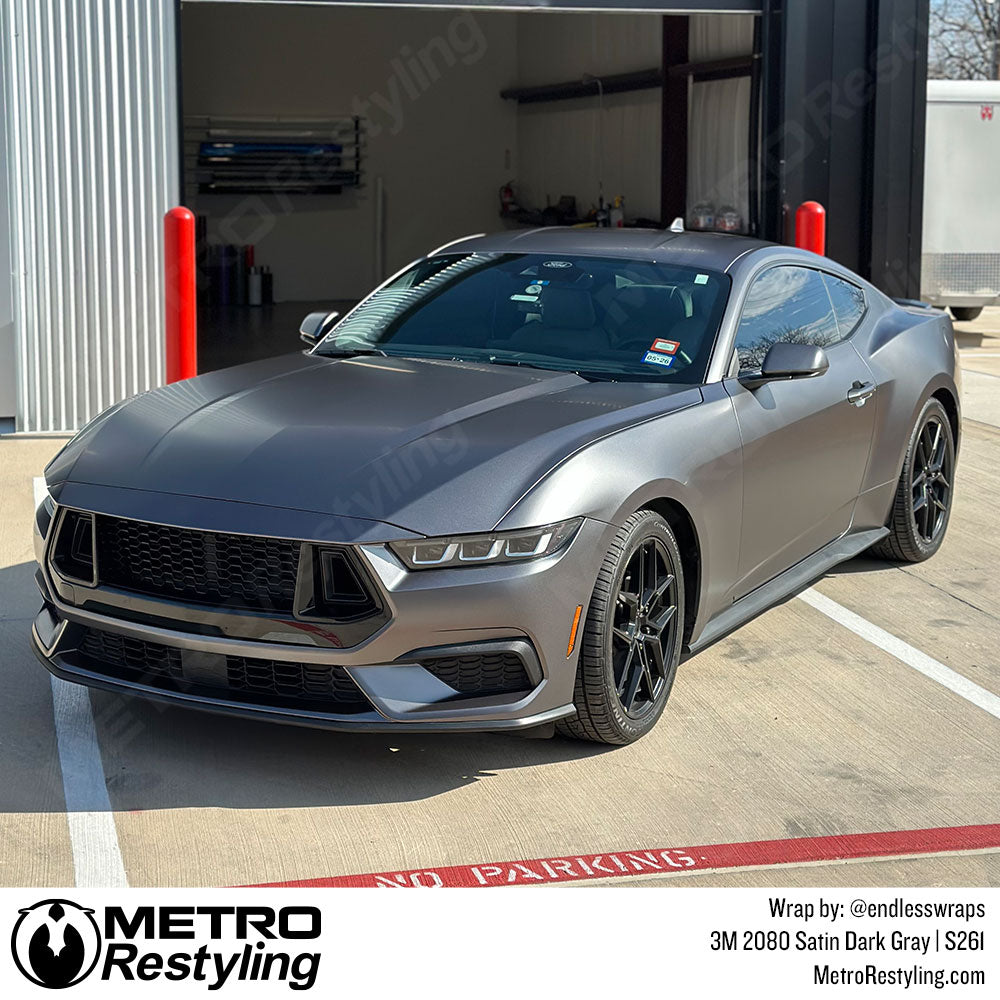 ford mustang with dark grey color change vinyl wrap