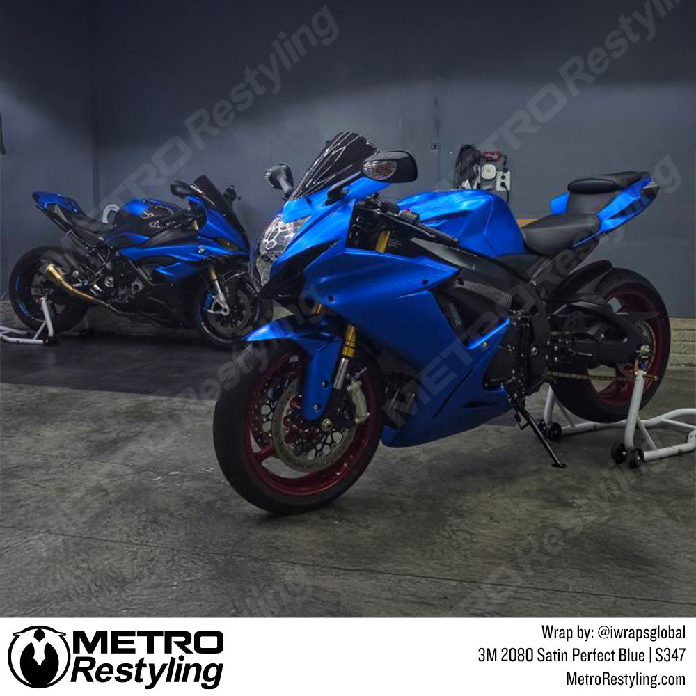 bright blue motorcycle wrap