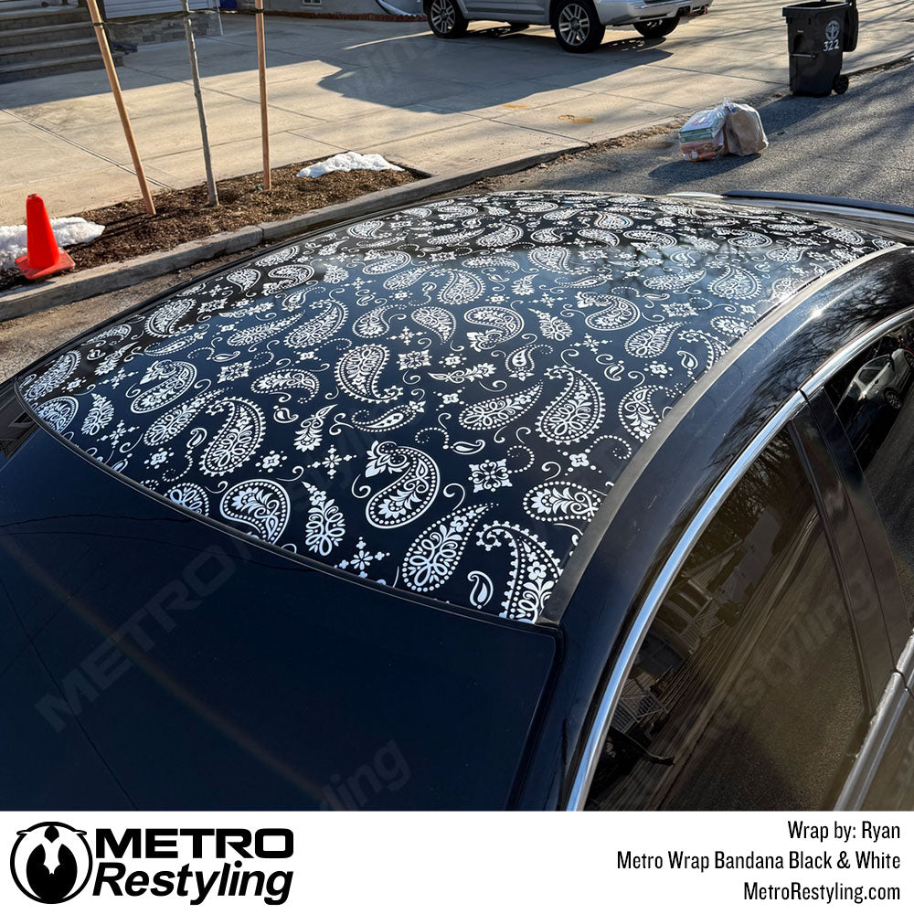 car with bandana black and white roof wrap