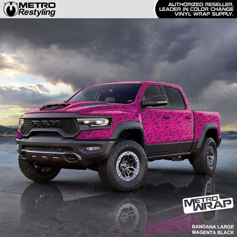 magenta and black bandana truck wrap