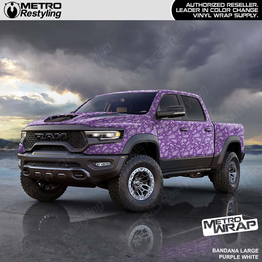 purple and white bandana truck wrap