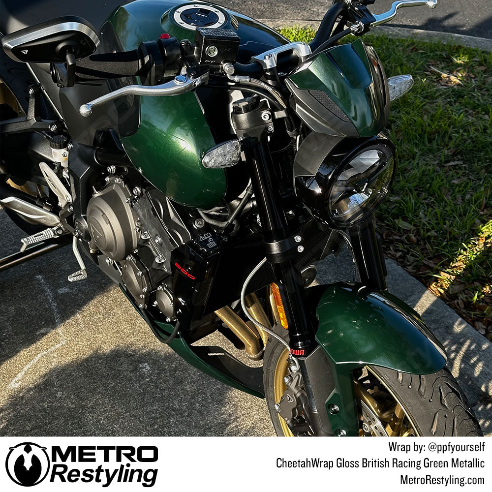 british racing green motorcycle wrap