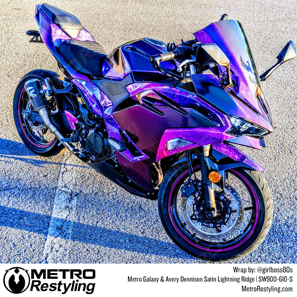 ninja motorcycle with multi colored wrap