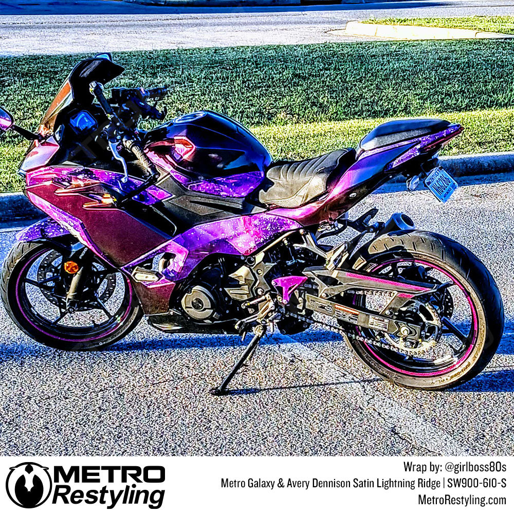 ninja motorcycle with multi colored wrap