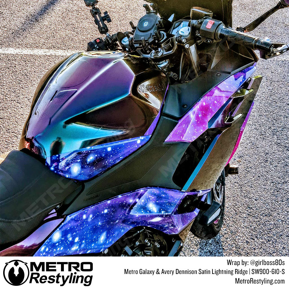 ninja motorcycle with multi colored wrap