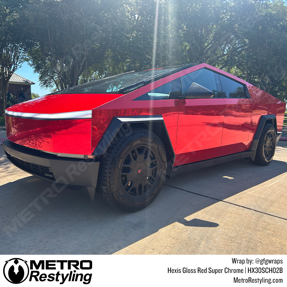 red chrome cybertruck wrap