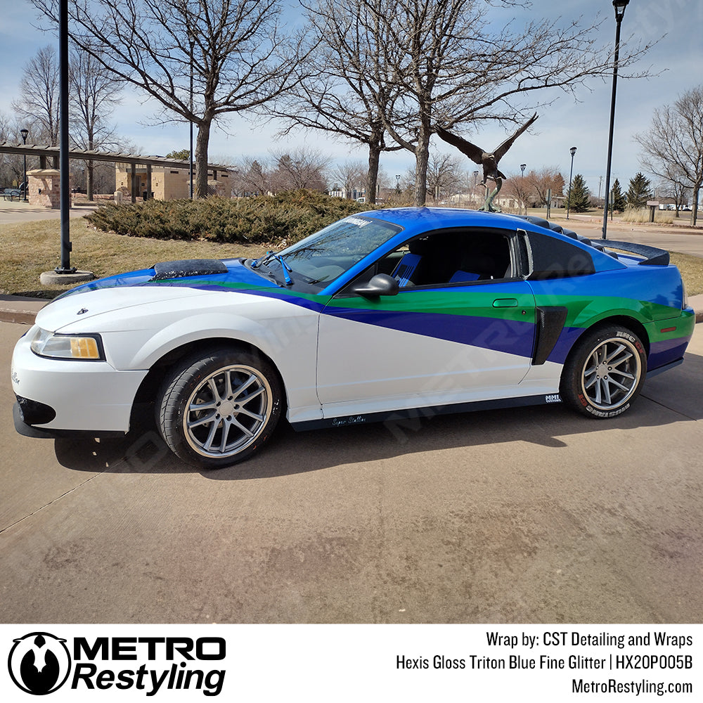 blue accent mustang wrap