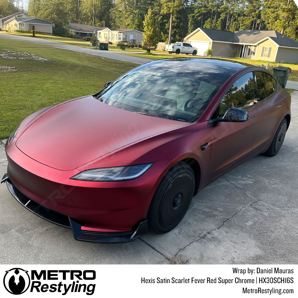 Hexis Satin Scarlet Fever Red Super Chrome Tesla Wrap