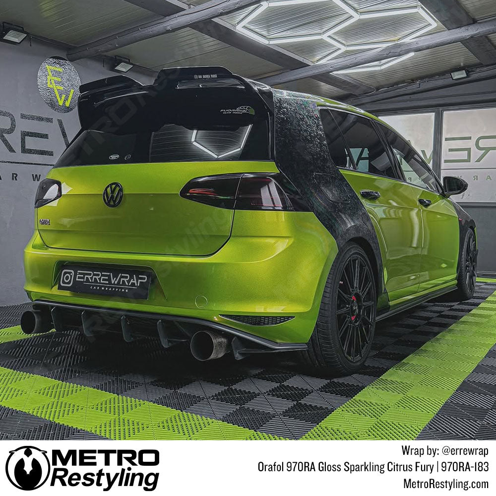 car with green vinyl car wrap