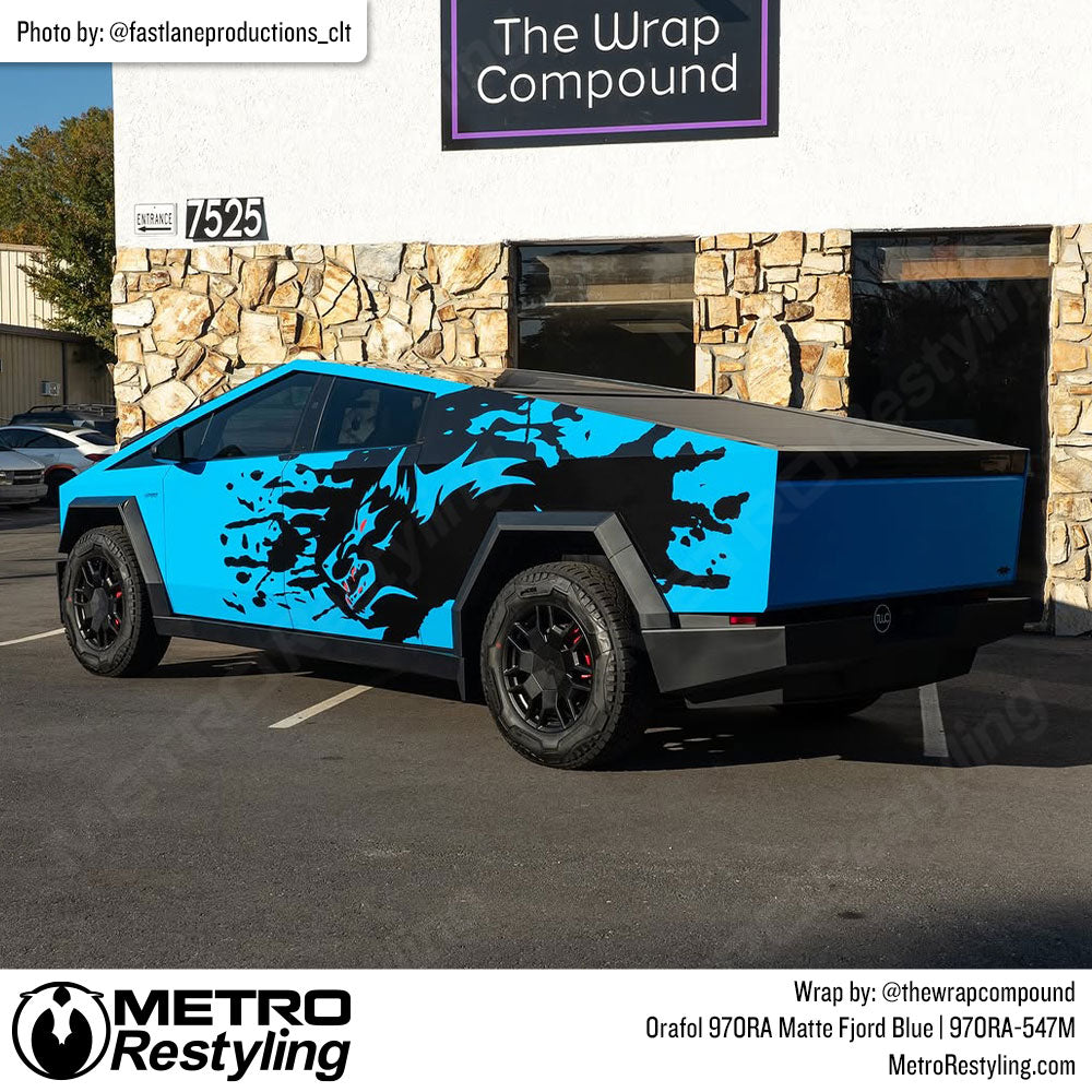 cybertruck with blue wrap