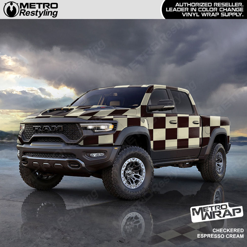 Jumbo Checkered Espresso Cream checkered vinyl wrap - vehicle wrap preview with jumbo checkerboard pattern