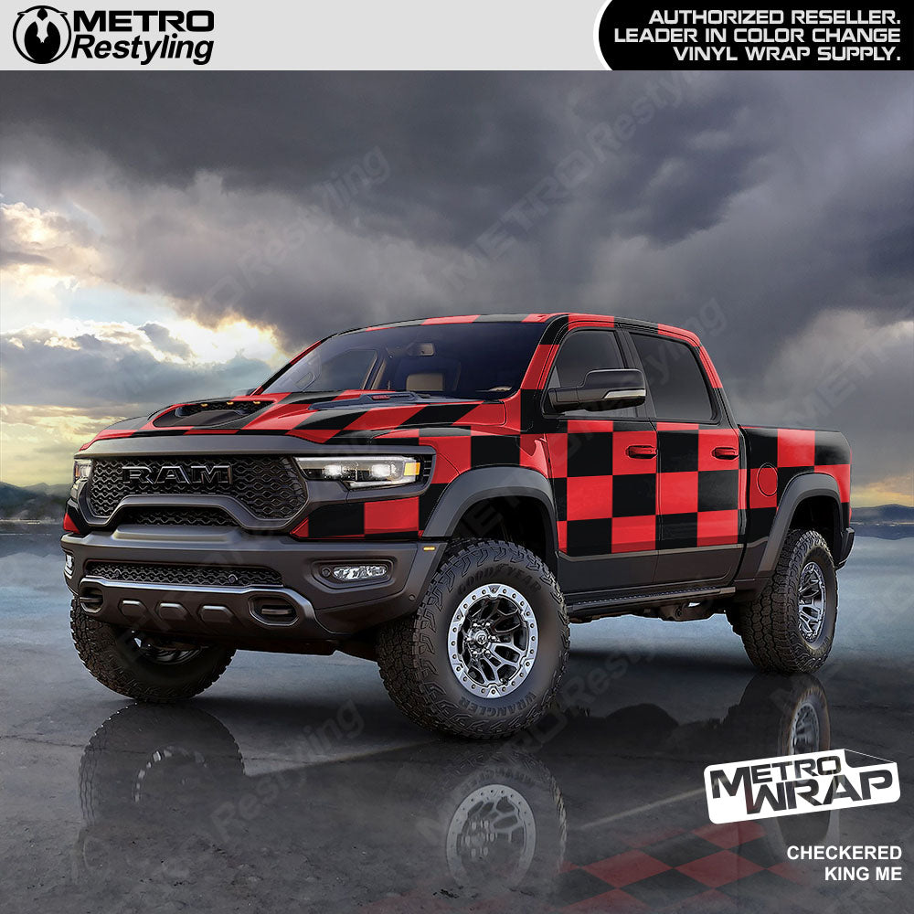 Jumbo Checkered King Me checkered vinyl wrap - vehicle wrap preview with jumbo checkerboard pattern