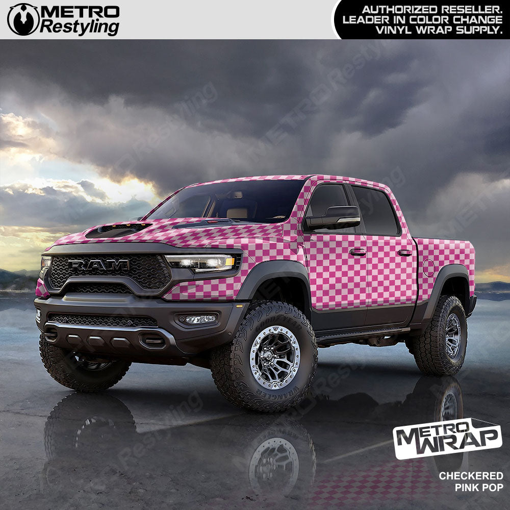 Large Checkered Pink Pop checkered vinyl wrap - vehicle wrap preview with large checkerboard pattern