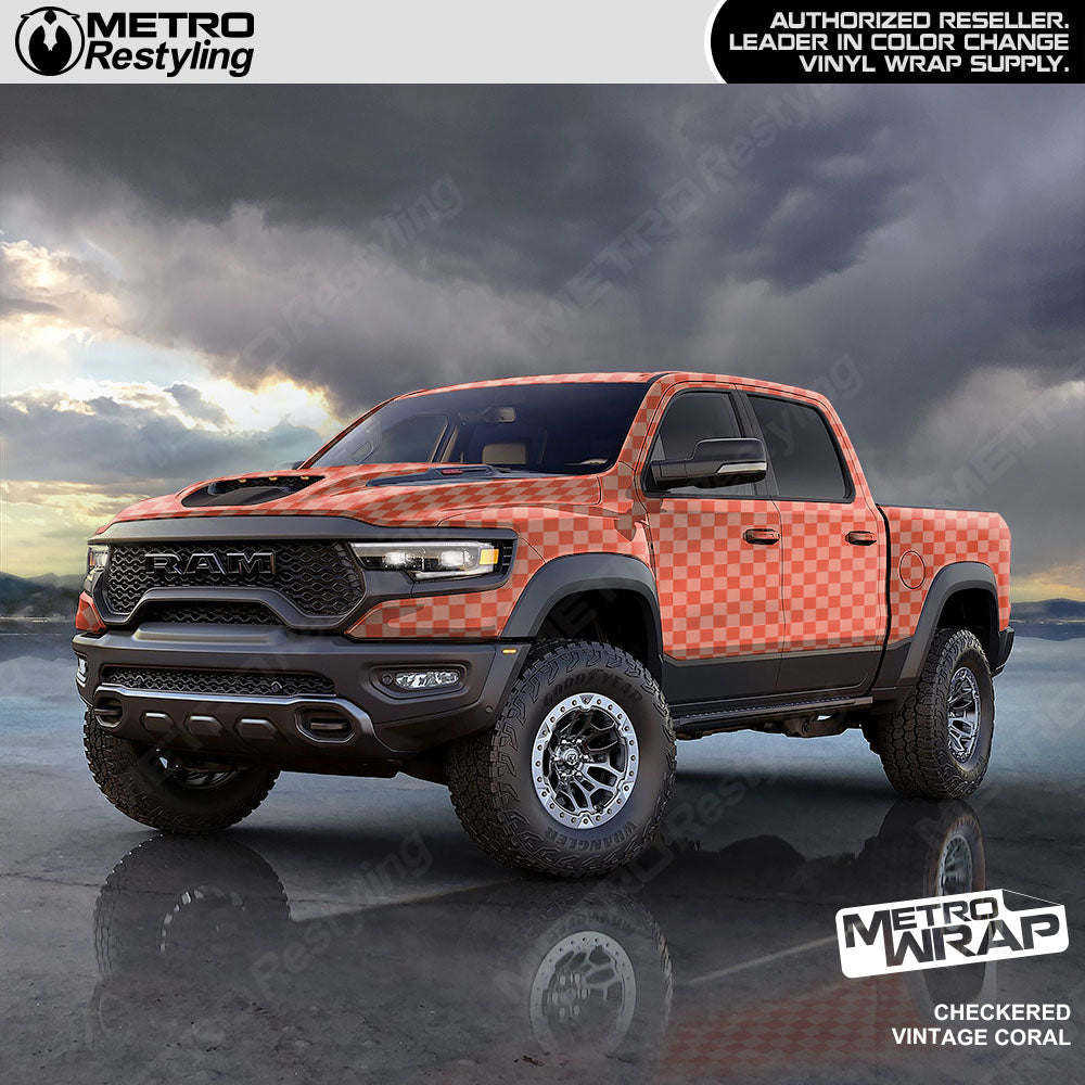 Large Checkered Vintage Coral checkered vinyl wrap - vehicle wrap preview with large checkerboard pattern