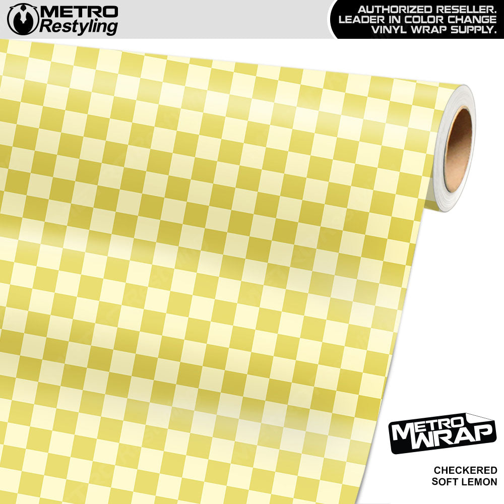 Large Checkered Soft Lemon checkered vinyl wrap - vinyl film pattern swatch with large checkerboard pattern