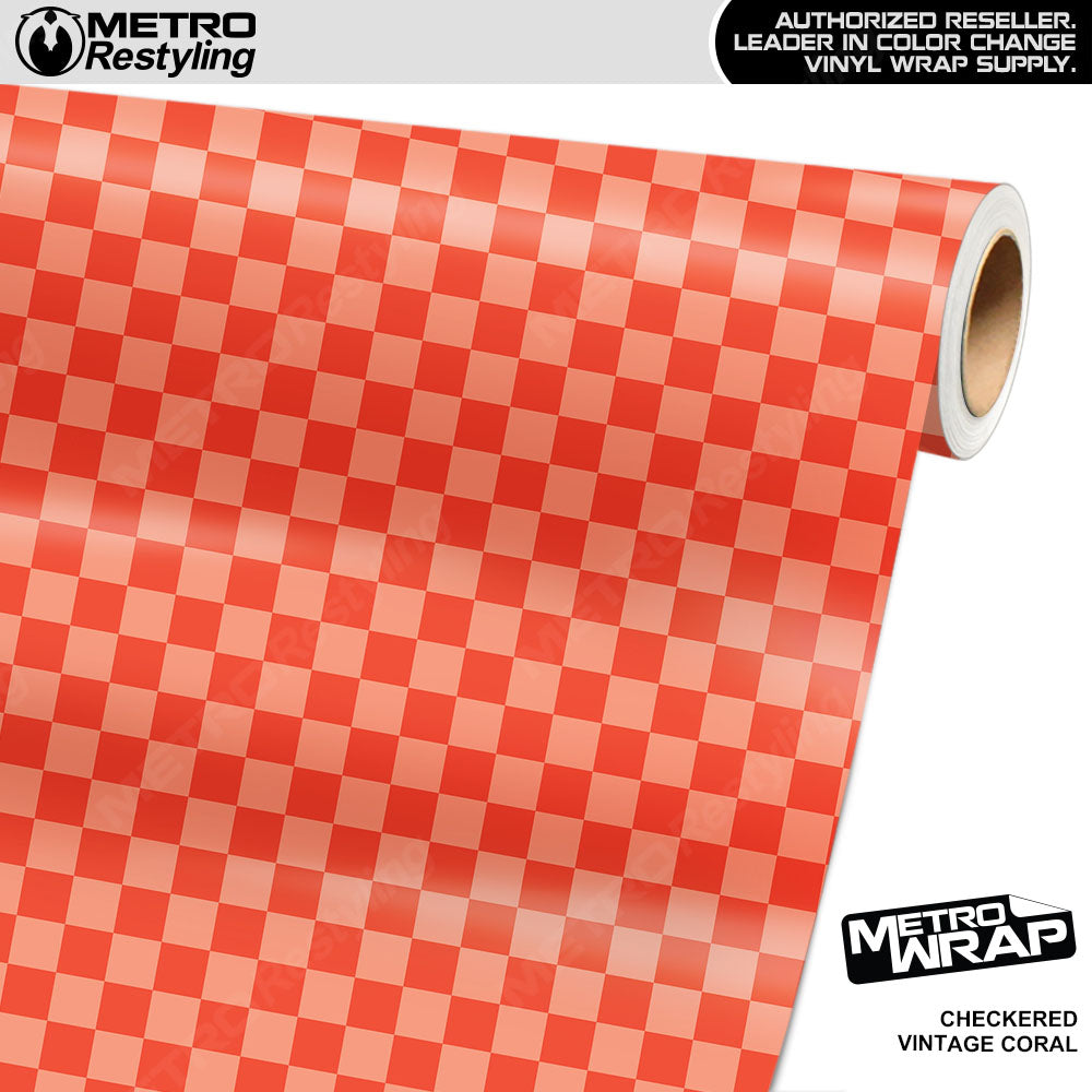 Large Checkered Vintage Coral checkered vinyl wrap - vinyl film pattern swatch with large checkerboard pattern
