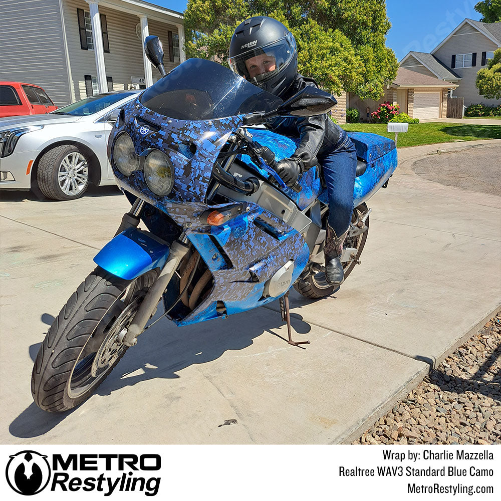Realtree WAV3 blue camo motorcycle wrap
