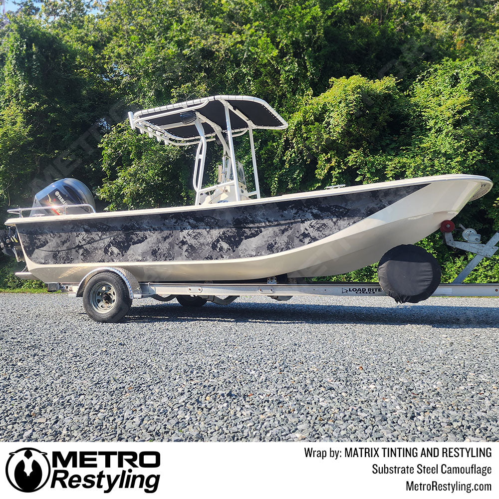 Steel Camouflage vinyl wrapped boat
