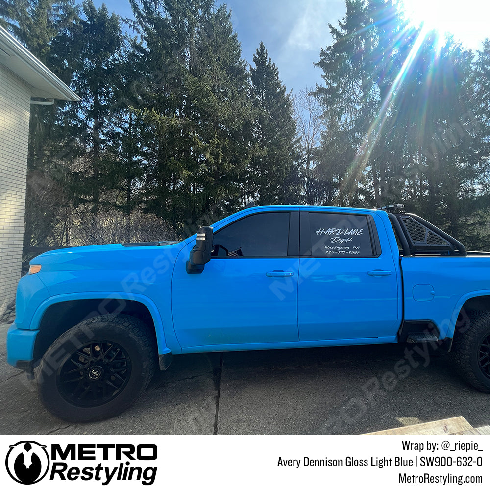 gloss light blue chevy truck wrap