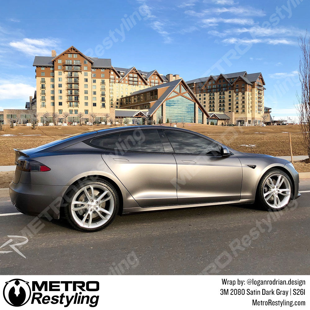 Tesla Model S Vinyl Wrapped Gloss Grey, Matte Black, 3M Satin Red
